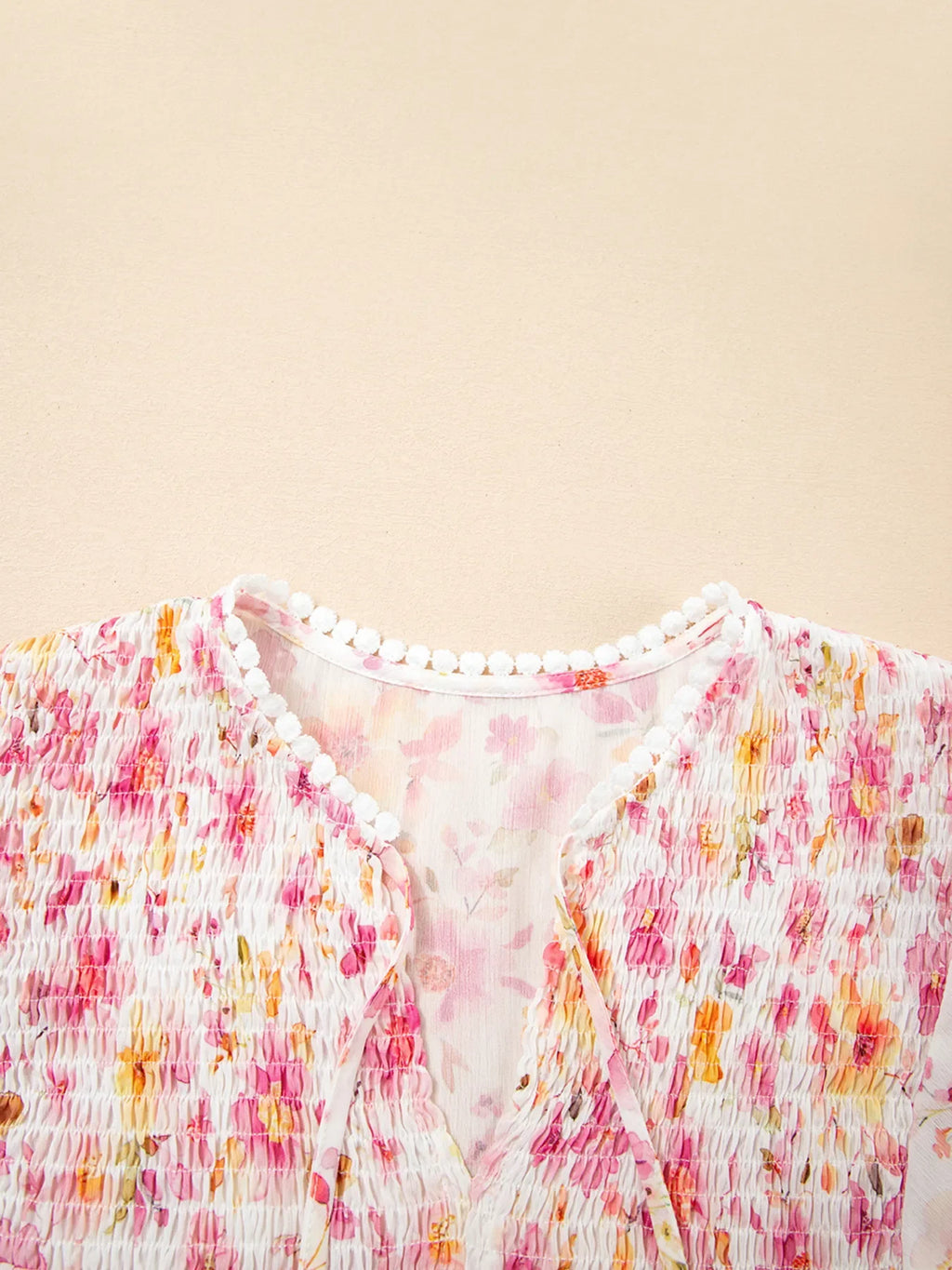 Floral Print Tassel Tie Smocked Puff Sleeve Blouse