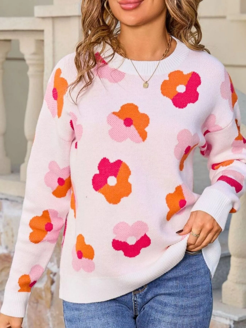 Floral Crew Neck Long Sleeve Sweater