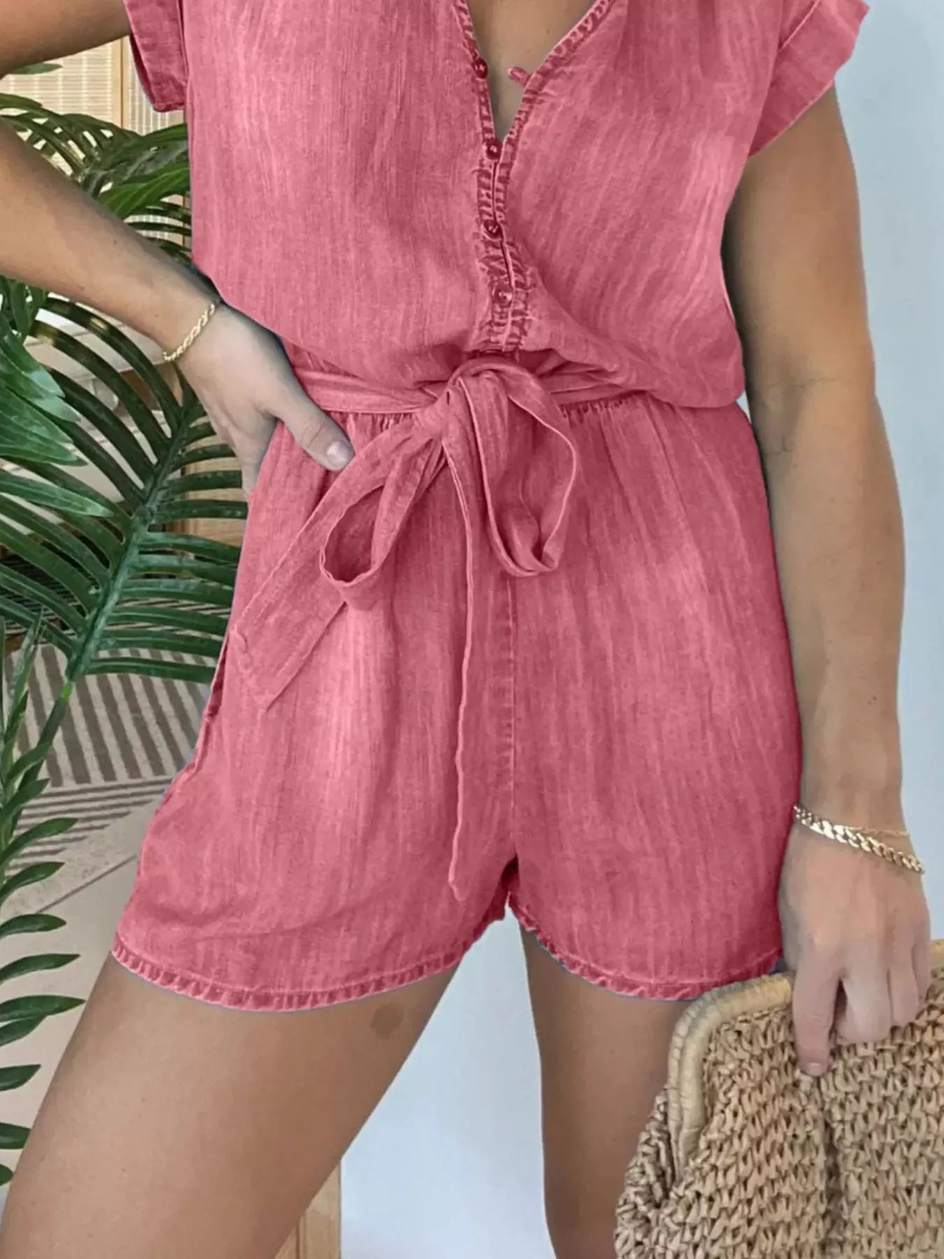Full Size Tie Waist Cap Sleeve Romper Plus Size