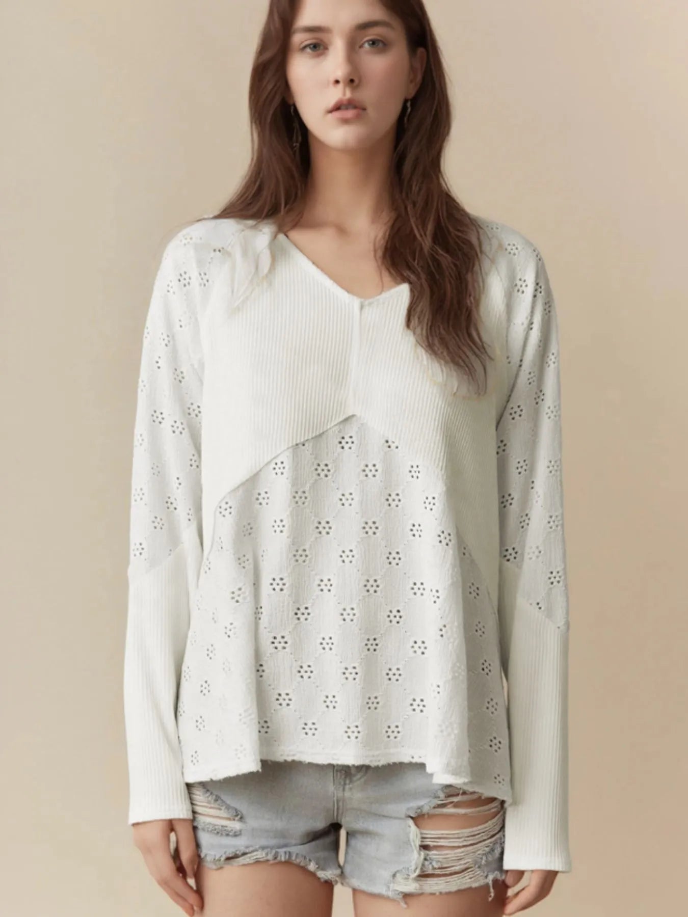 Eyelet Embroidered Loose V Neck Long Sleeve Top