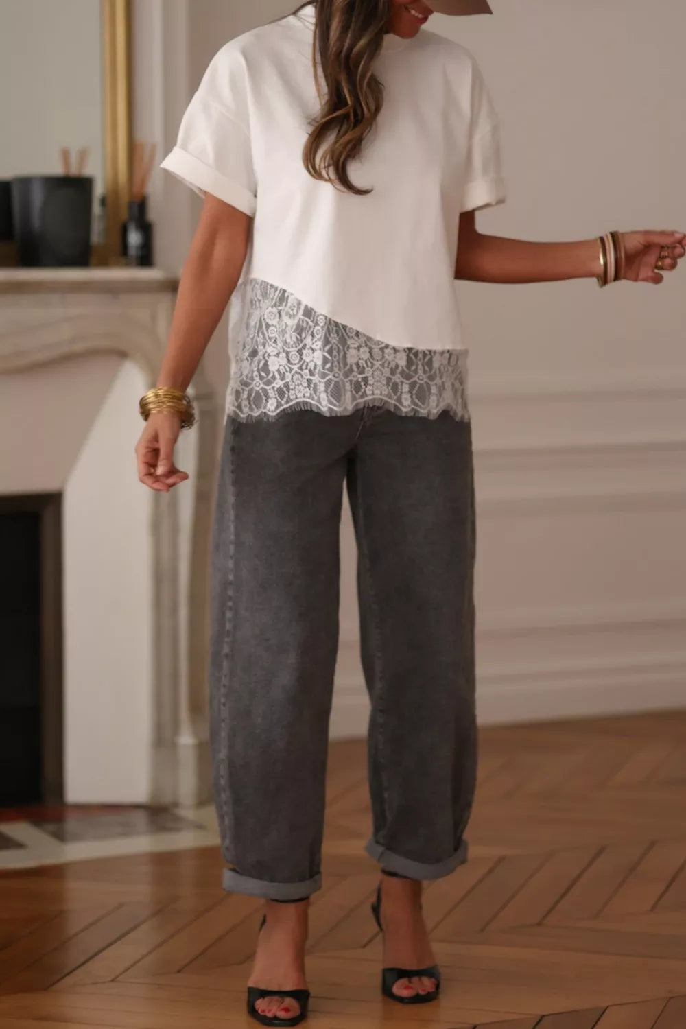 Asymmetric Lace Hem Patchwork Tee