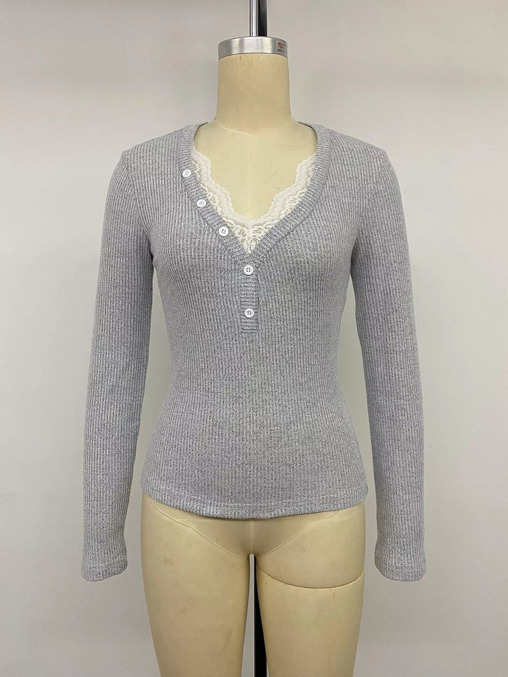 Ribbed Lace Trim Henley T-Shirt