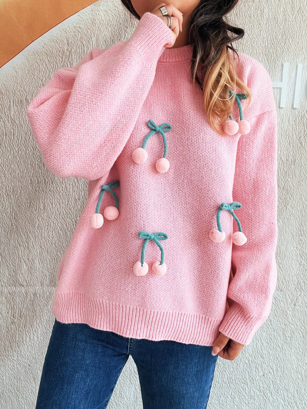 Cherry Round Neck Long Sleeve Sweater