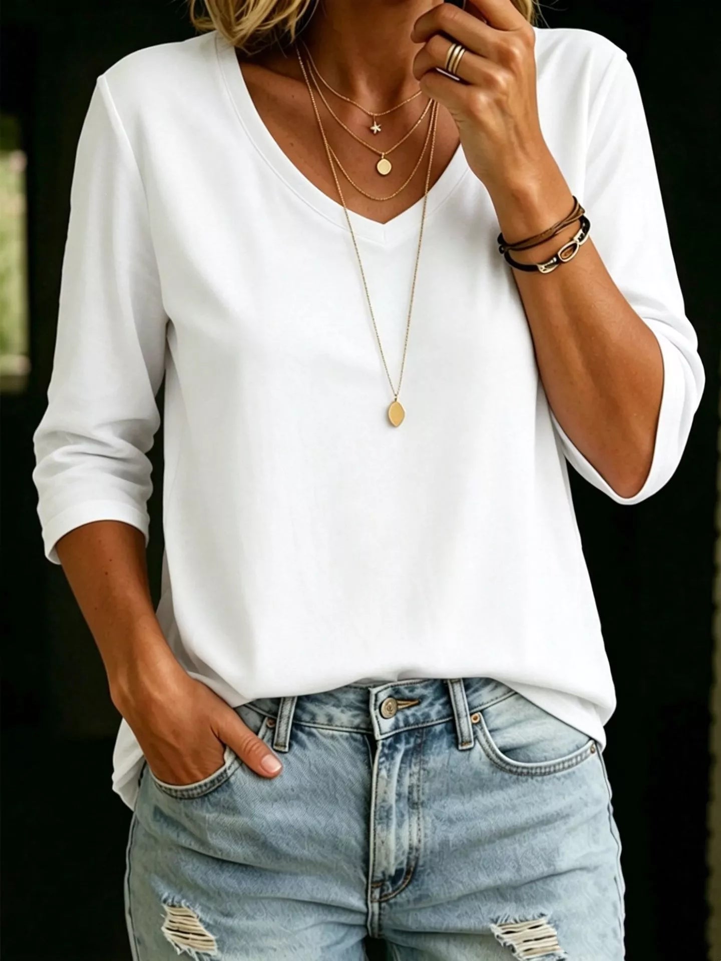 Full Size V-Neck 3/4 Sleeve T-Shirt Plus Size