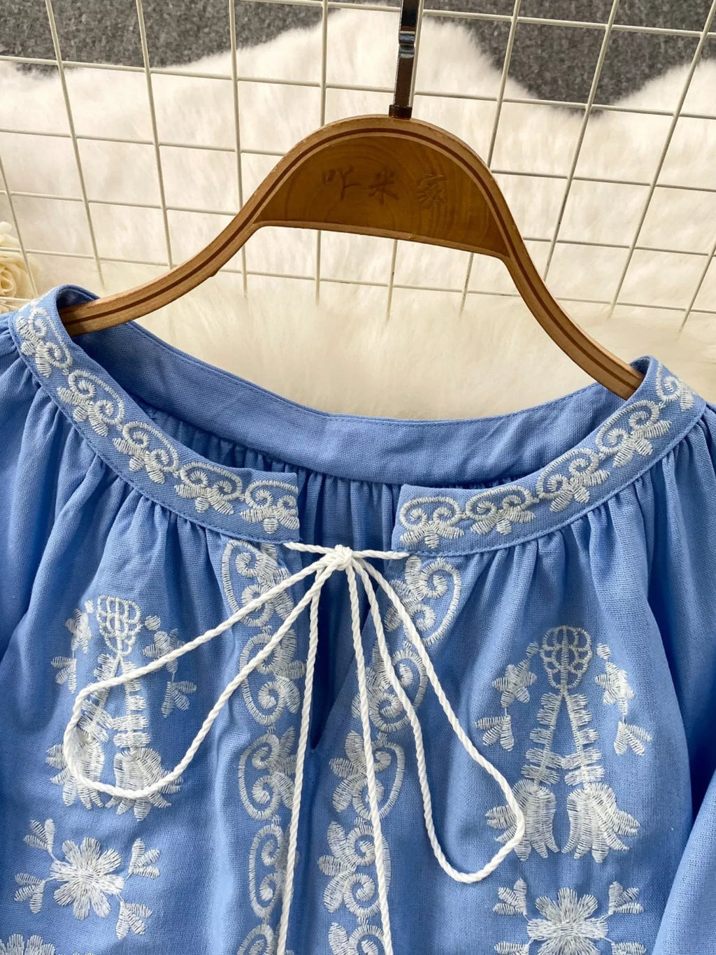 Embroidered Tie Neck Blouse