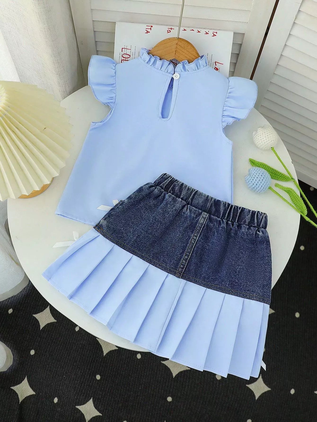 Children's Ruffled Top & Denim Patchwork Pleated Skirt Set
