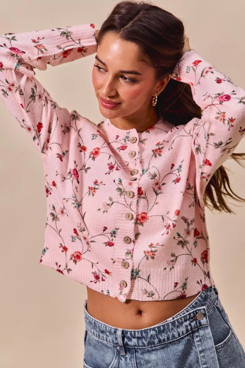 SO ME Floral Print Button Front Sweater Cardigan Top