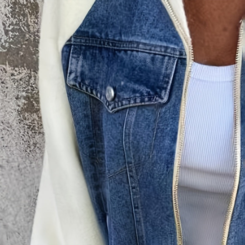 Women's Denim Patchwork Zip-Up Jacket