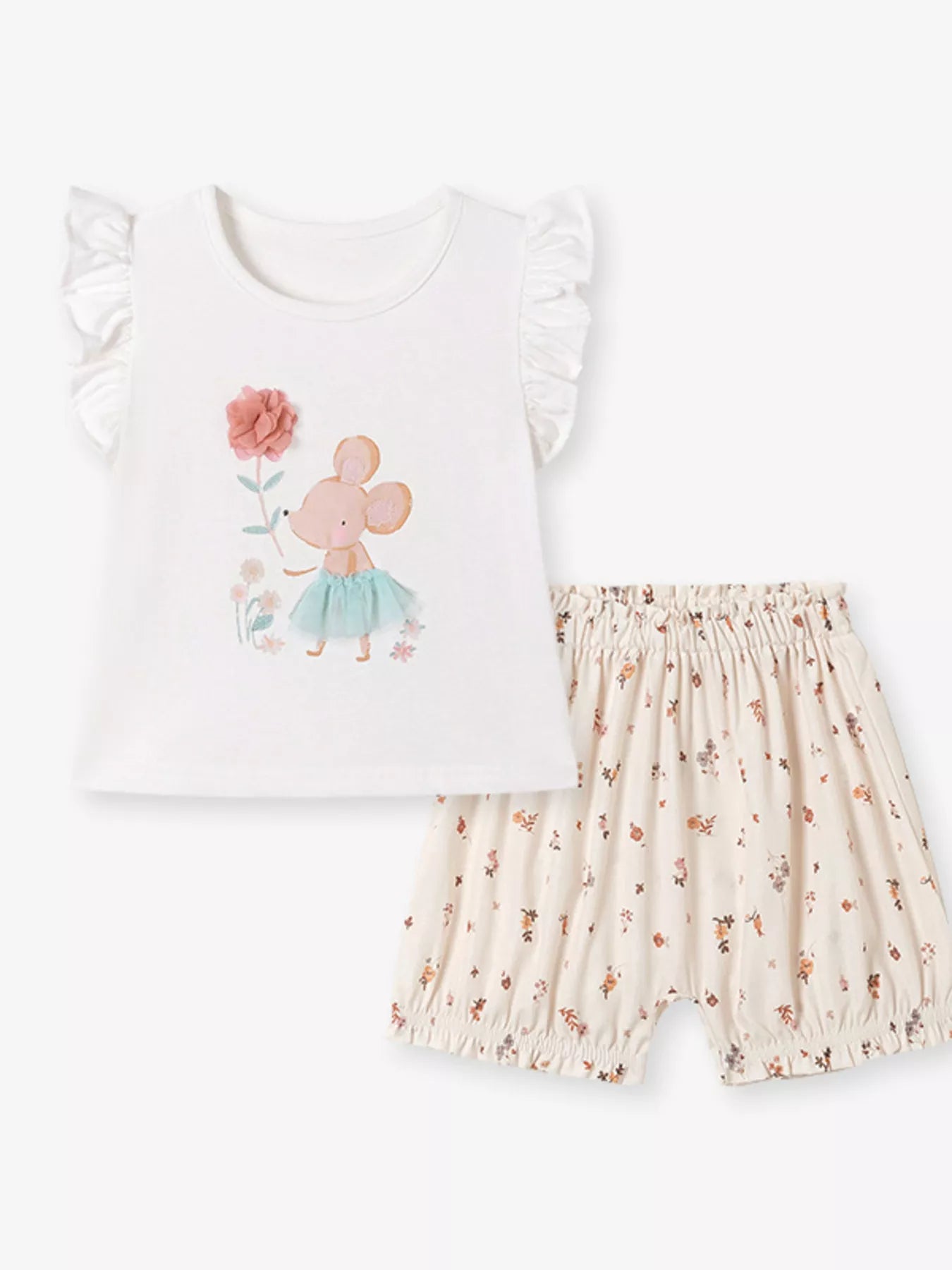 Children's Mouse Ruffle Sleeve Top & Floral Print Shorts Set