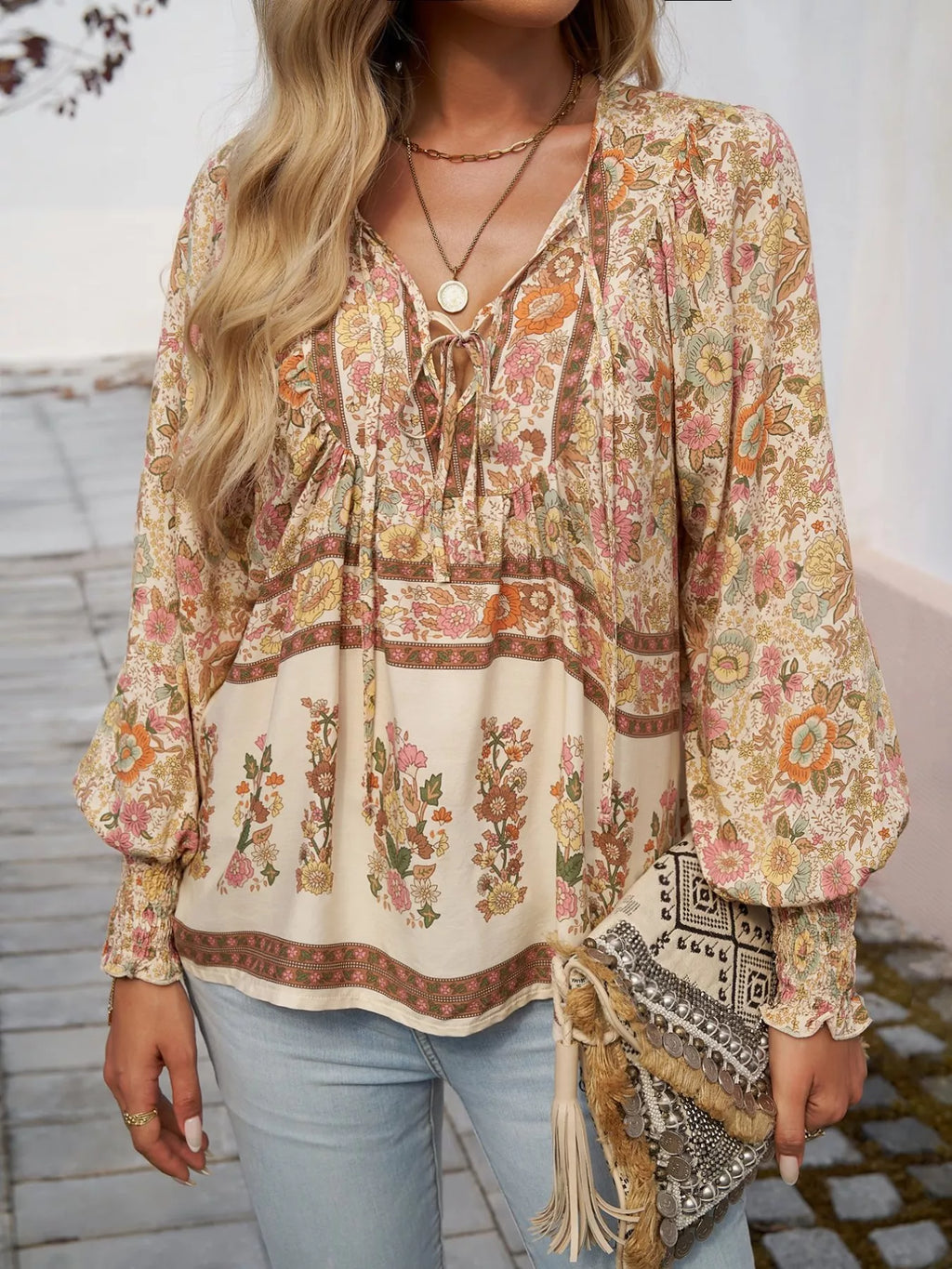 Floral Print Tie Neck Bohemian Blouse