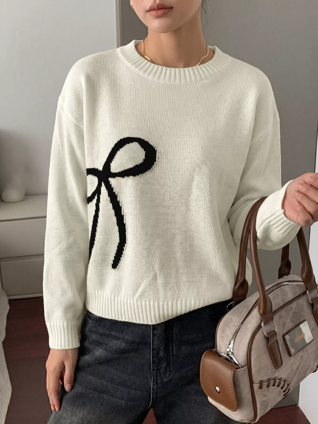 Bow Graphic Round Neck Sweater