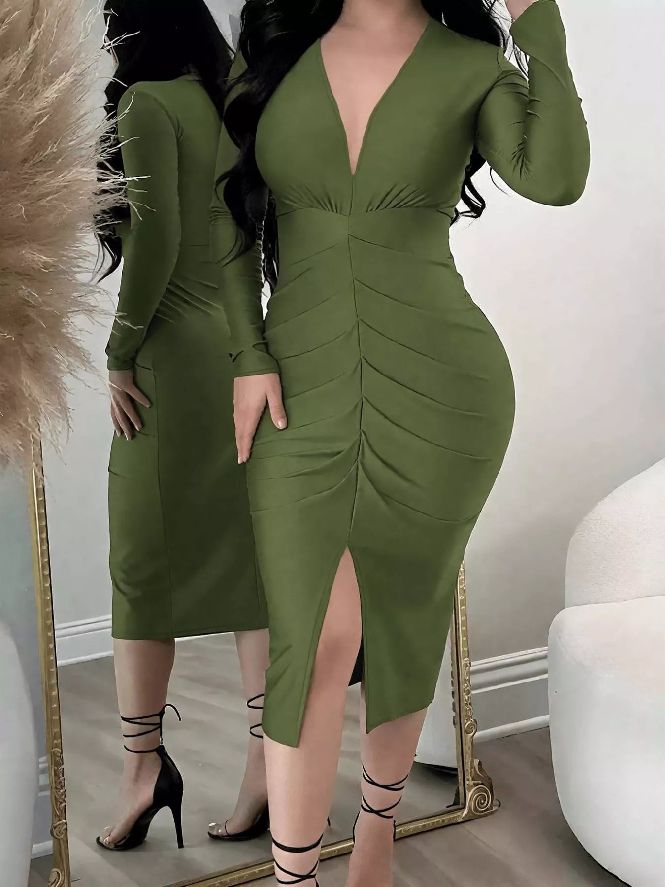 Ruched Deep V-Neck Bodycon Midi Dress