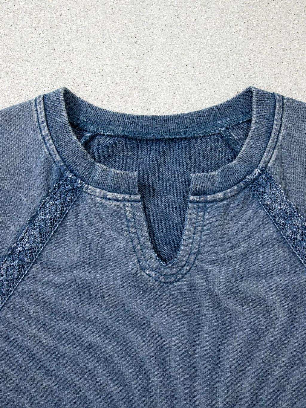 Lace Patchwork Detail Notched Neck Mineral Wash Baggy Sweatshirt