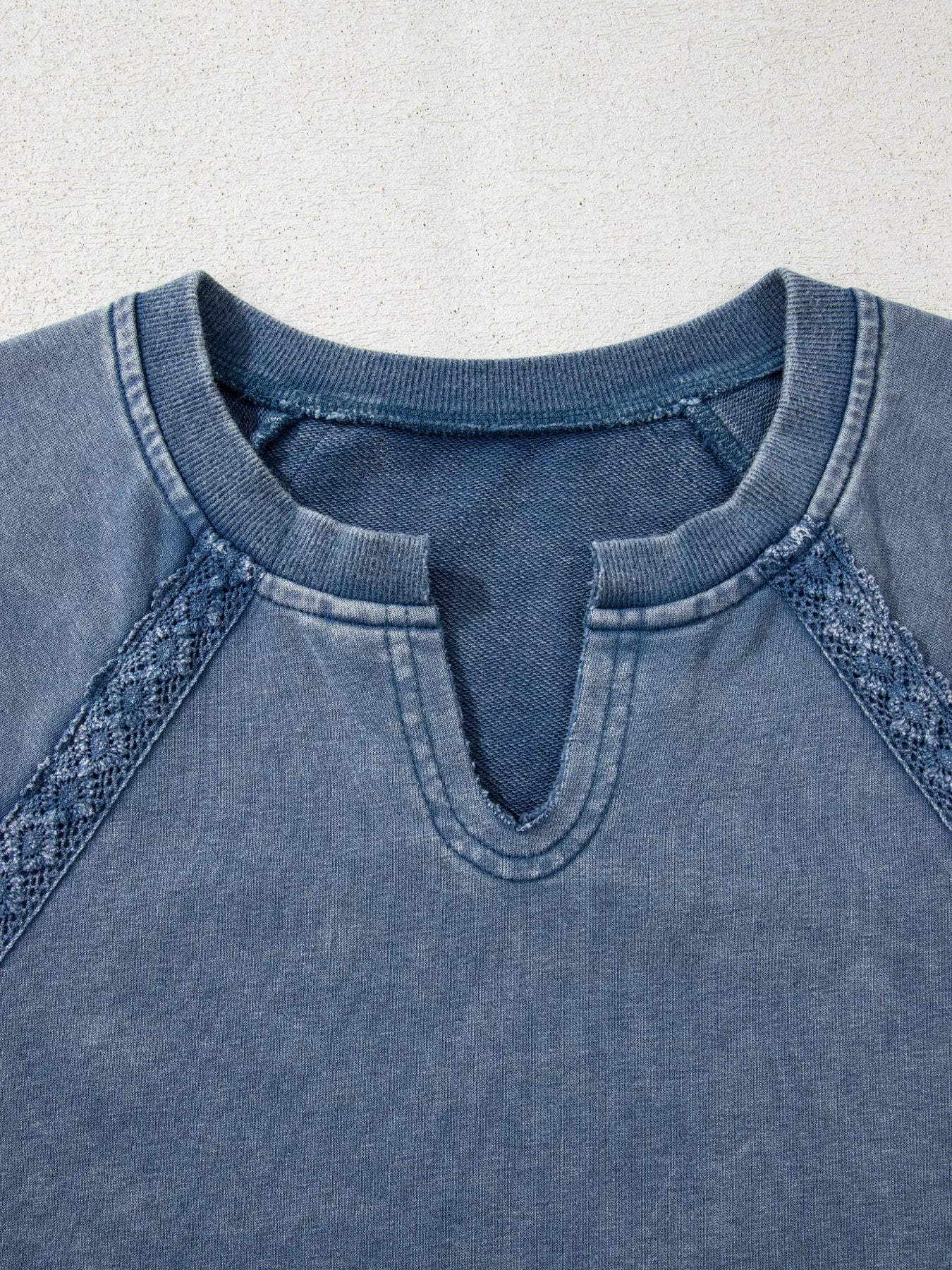 Lace Patchwork Detail Notched Neck Mineral Wash Baggy Sweatshirt