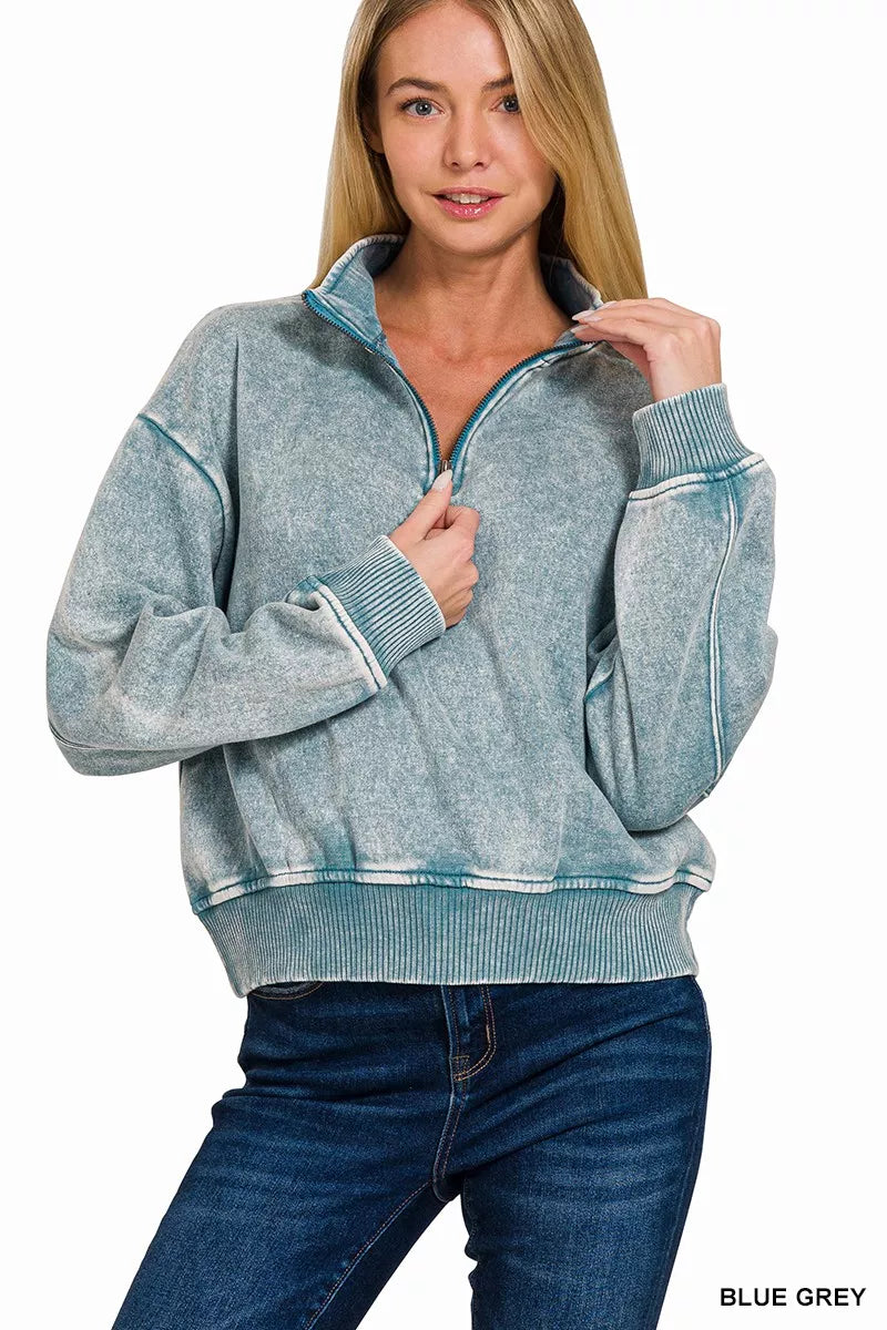 Zenana Acid Wash Fleece Half Zip Sweatshirt