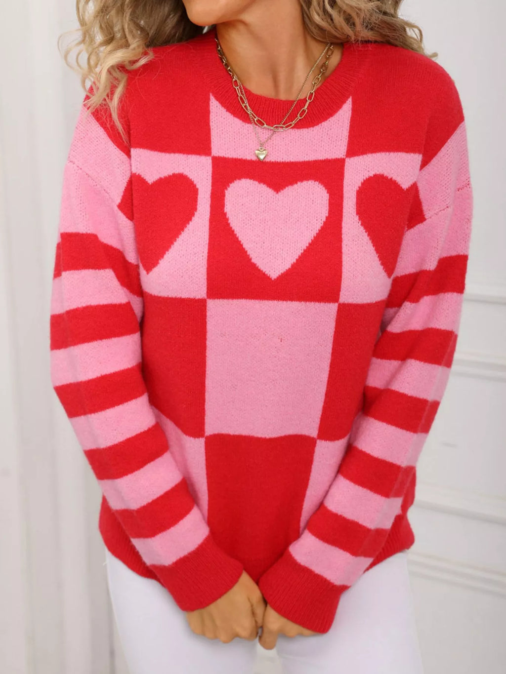 Heart Pattern Checkerboard Knit Sweater
