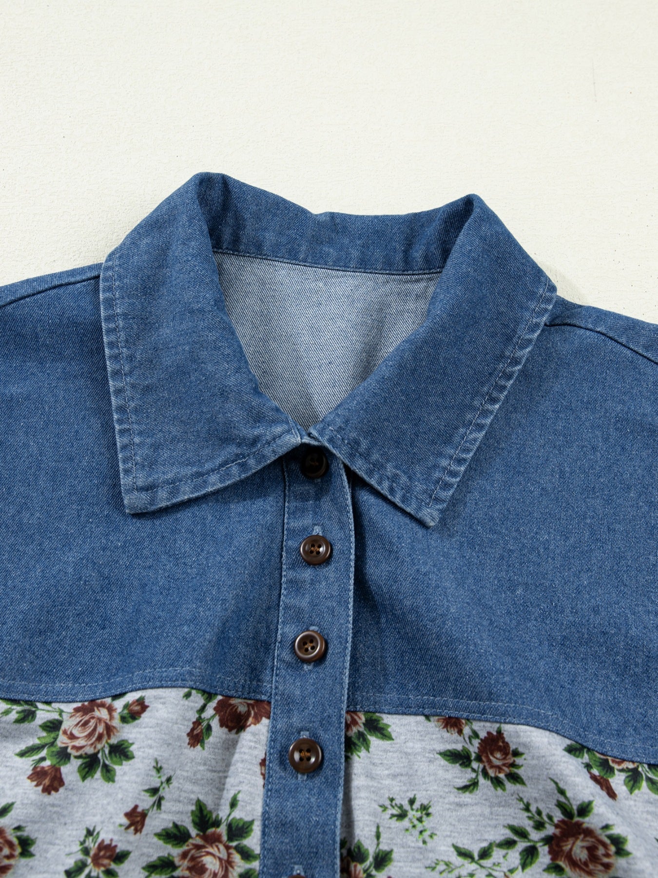 Floral Print Denim Patchwork Blouse