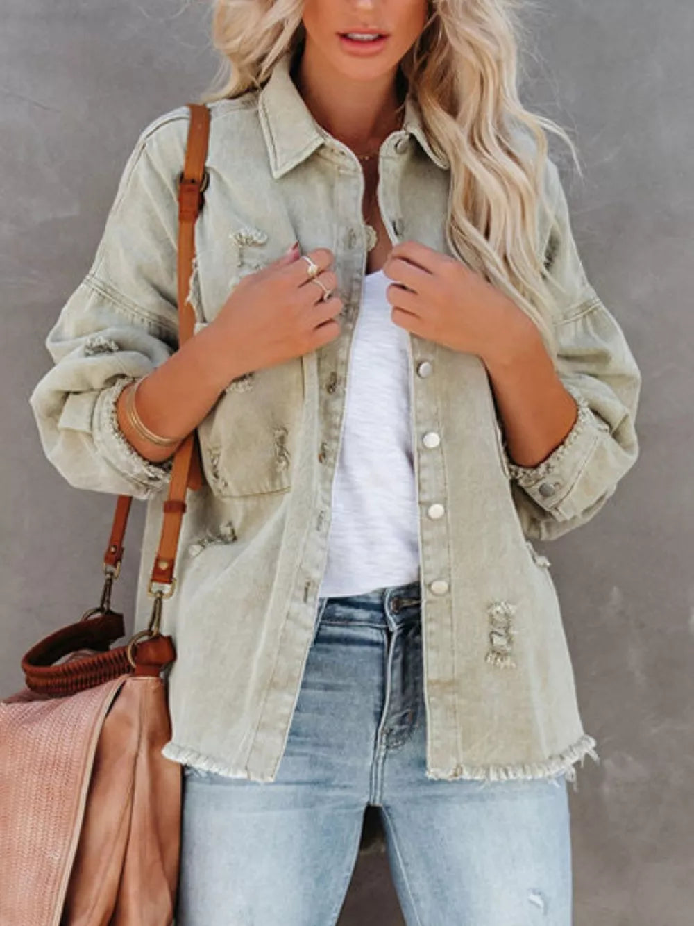 Raw Hem Button Up Denim Shacket