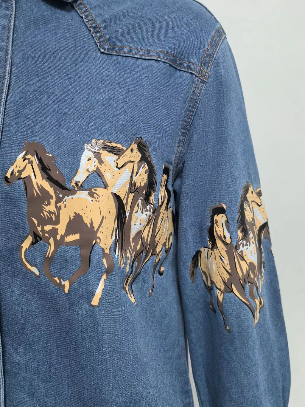 Horse Print Long Sleeve Denim Shirt