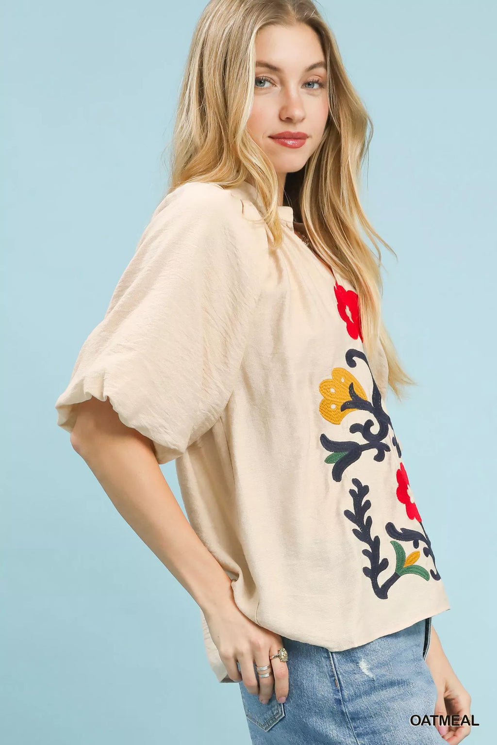 Umgee Embroidered Boho Puff Sleeve Blouse
