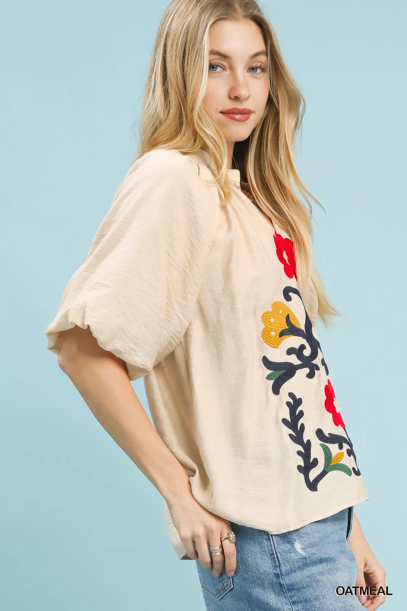 Umgee Embroidered Boho Puff Sleeve Blouse
