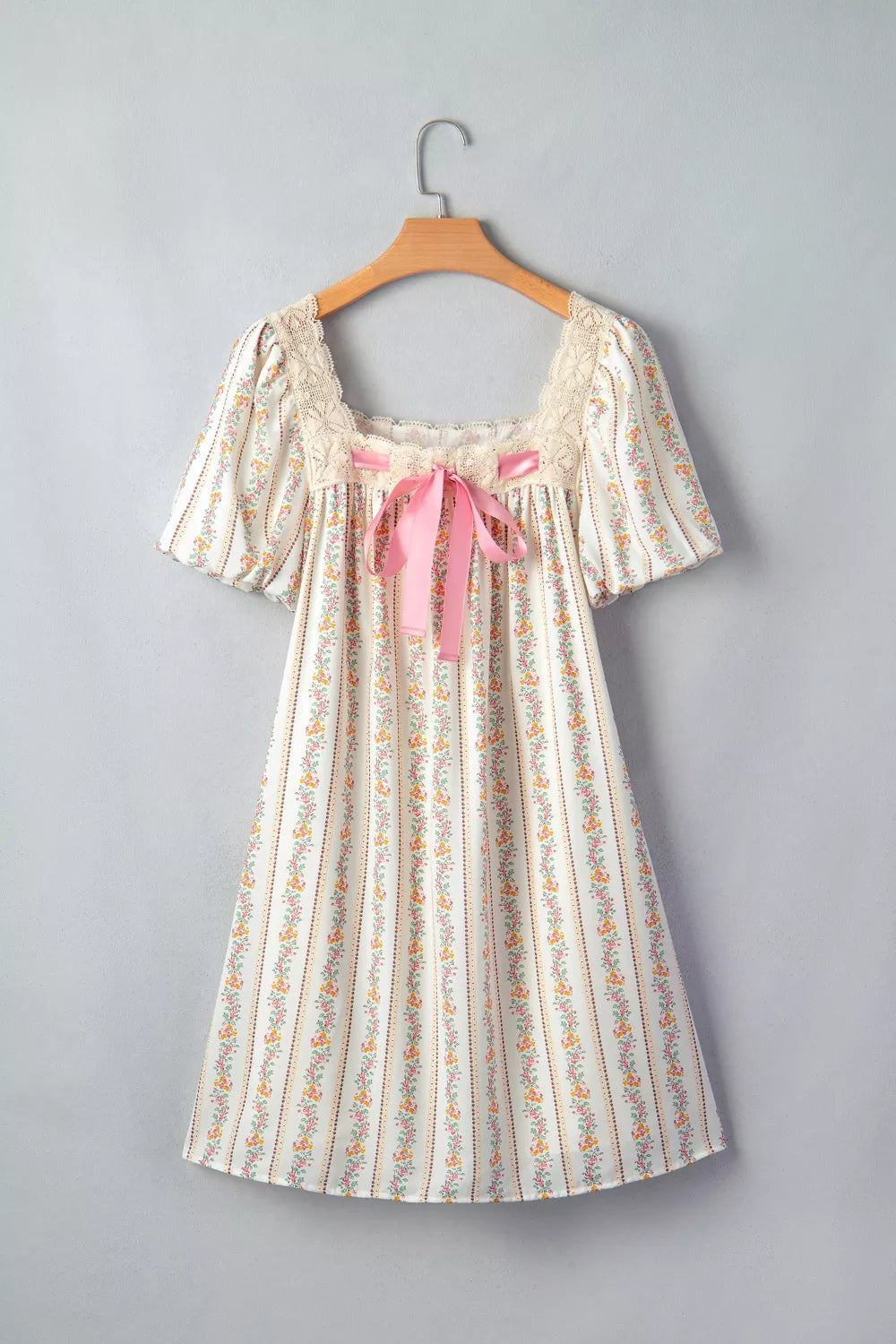 Multicolour Floral Print Contrast Ribbon Bow Lace Trim Square Neck Mini Dress
