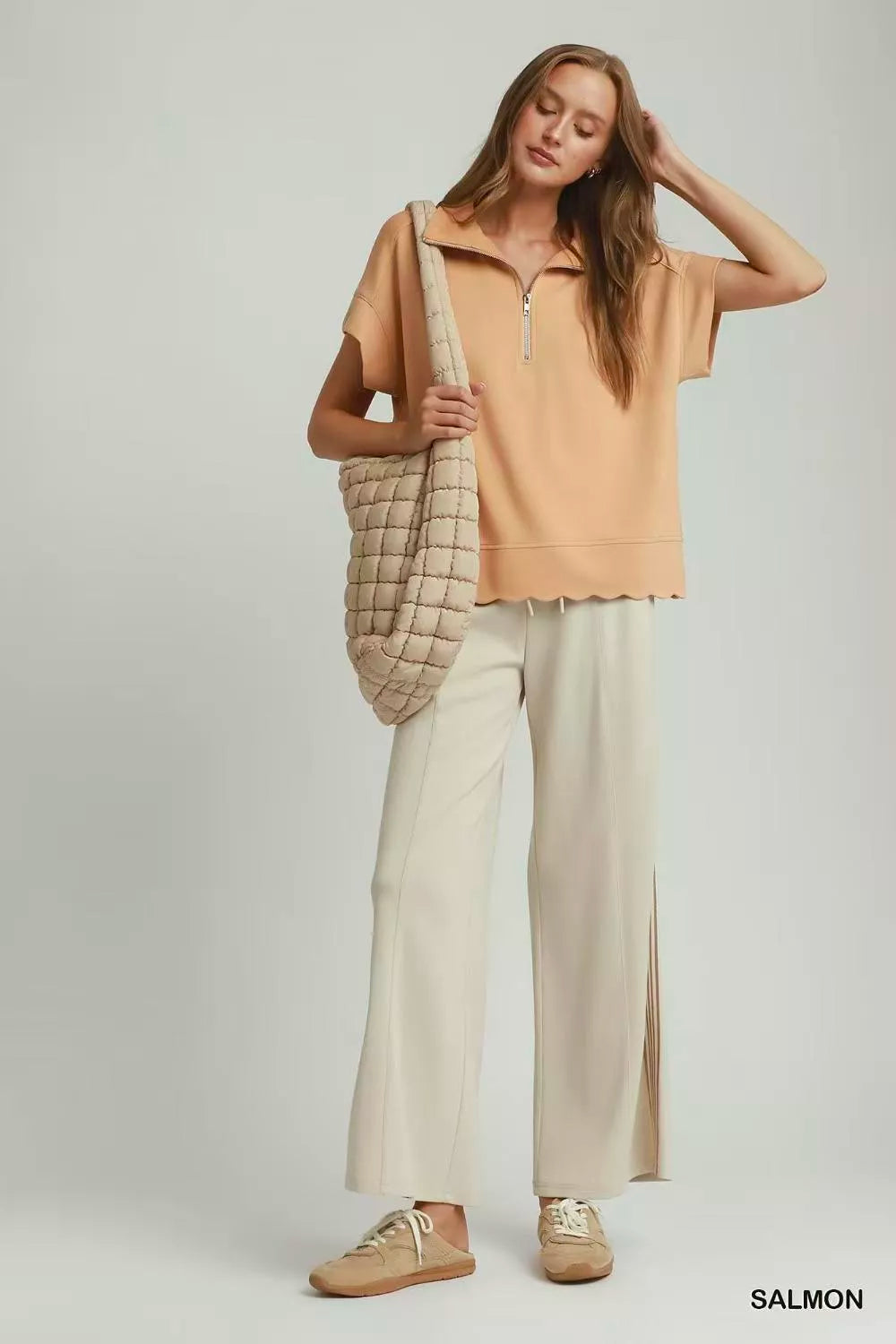 Umgee Half Zip Pullover with Scalloped Edge Hem