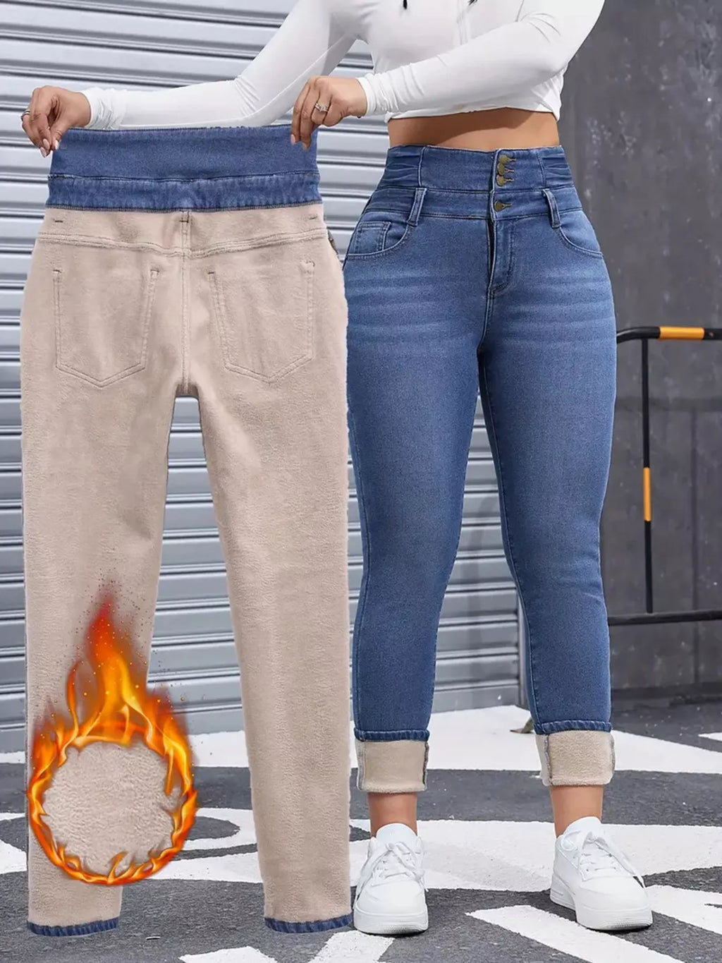 High-Waisted Slim Fit Fleece-Lined Jeans