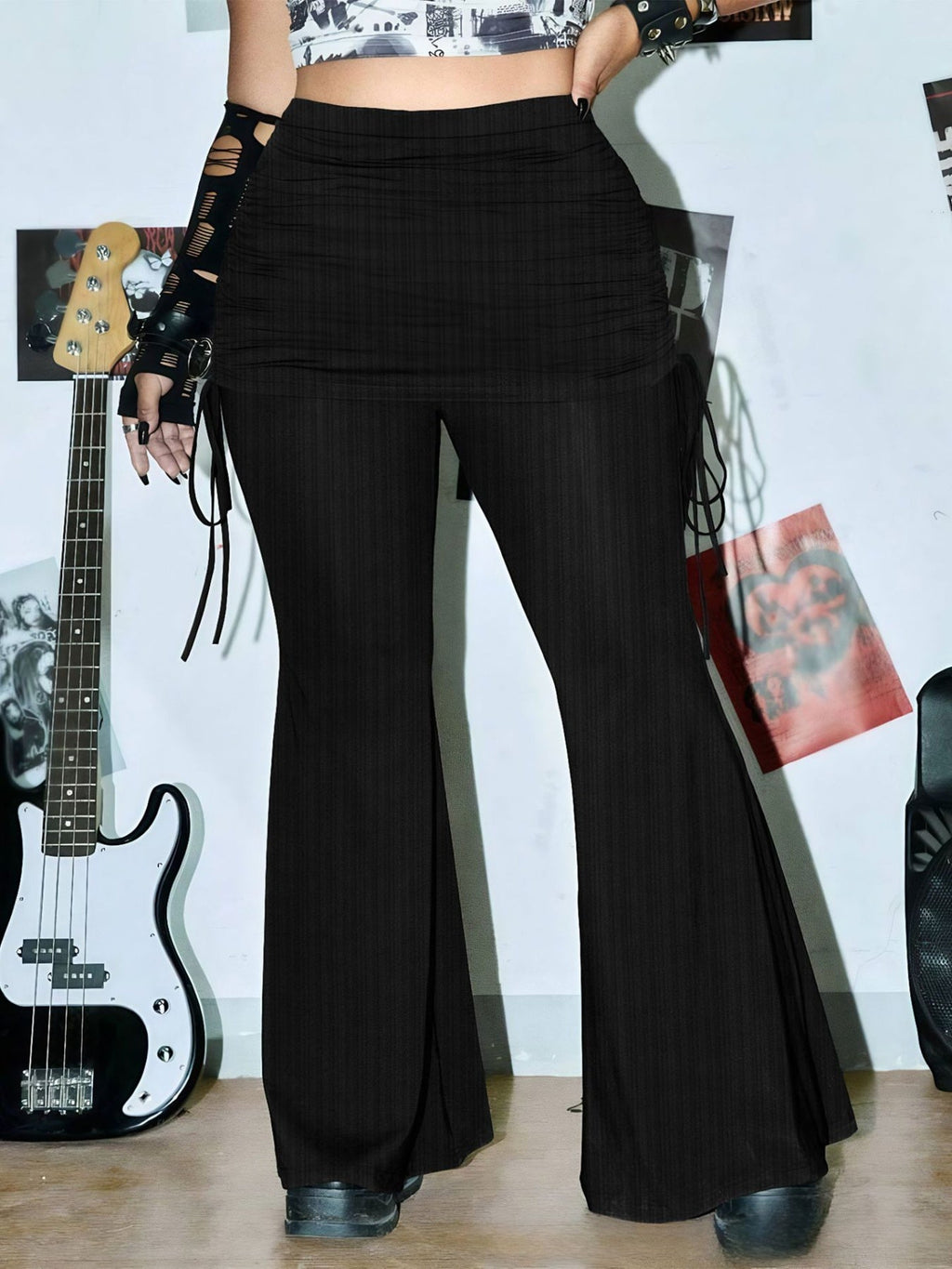 Plus Size Ribbed Drawsrting Flare Pants