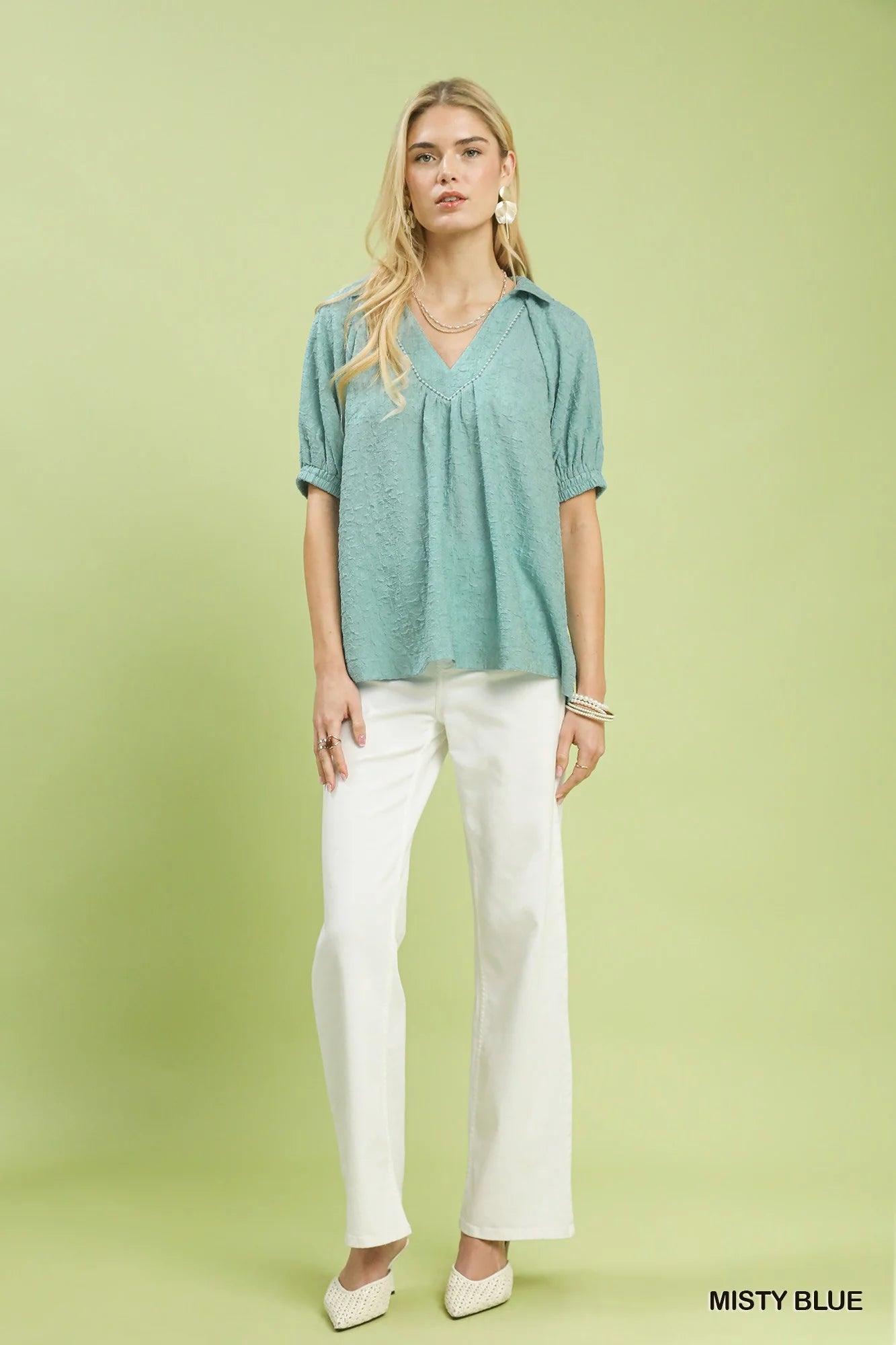 Umgee Textured Trim Detail Short Sleeve Top