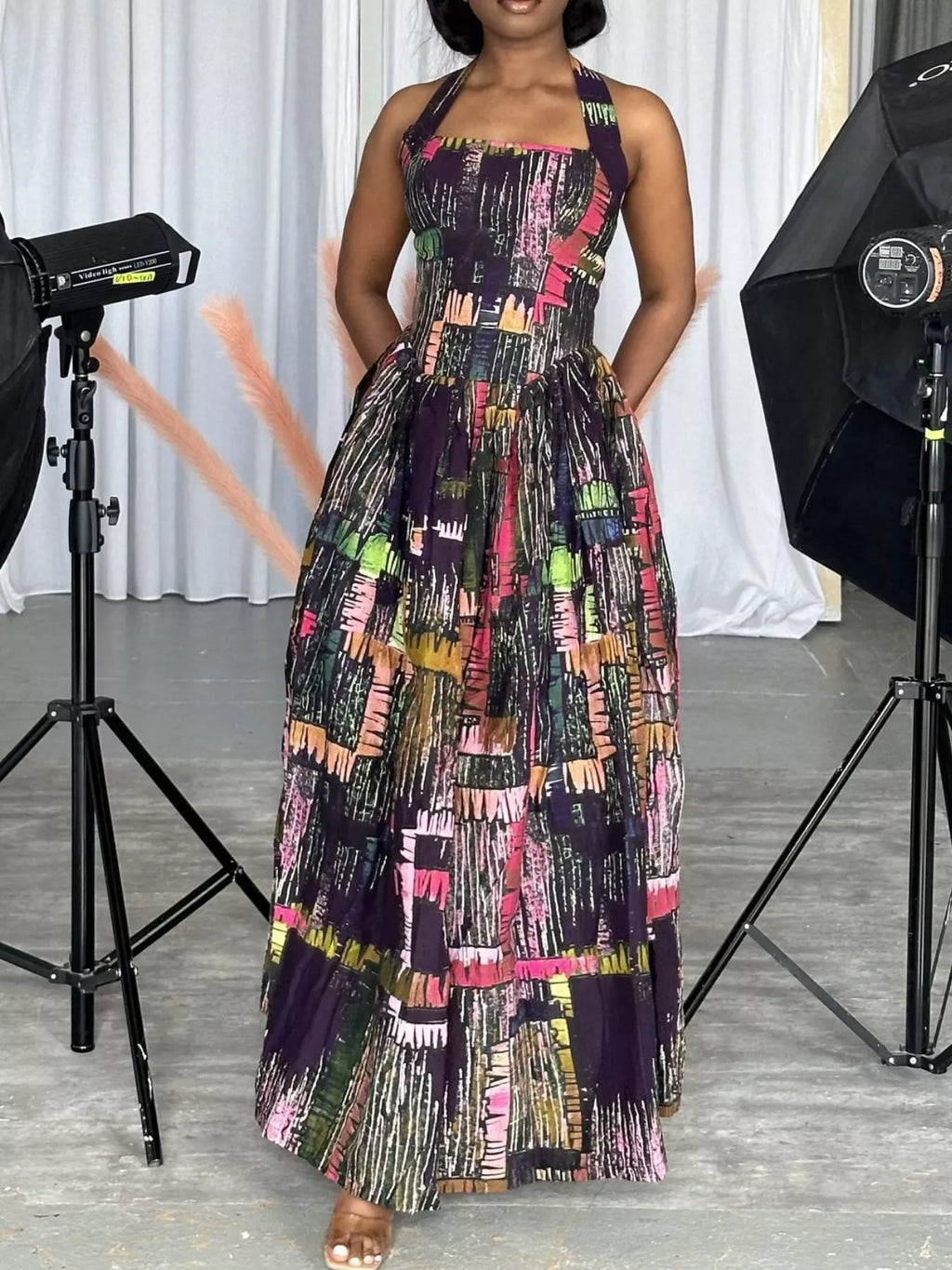Full Size Abstract Print Halter Neck Maxi Dress Plus Size