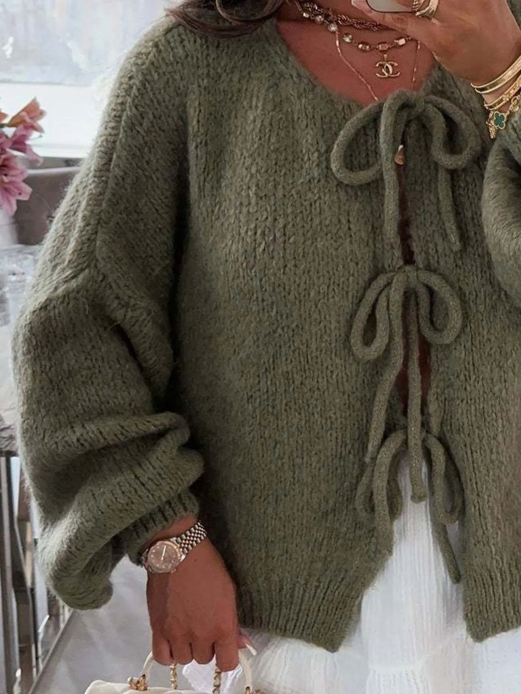 Cozy Bow-Tie Front Knit Cardigan