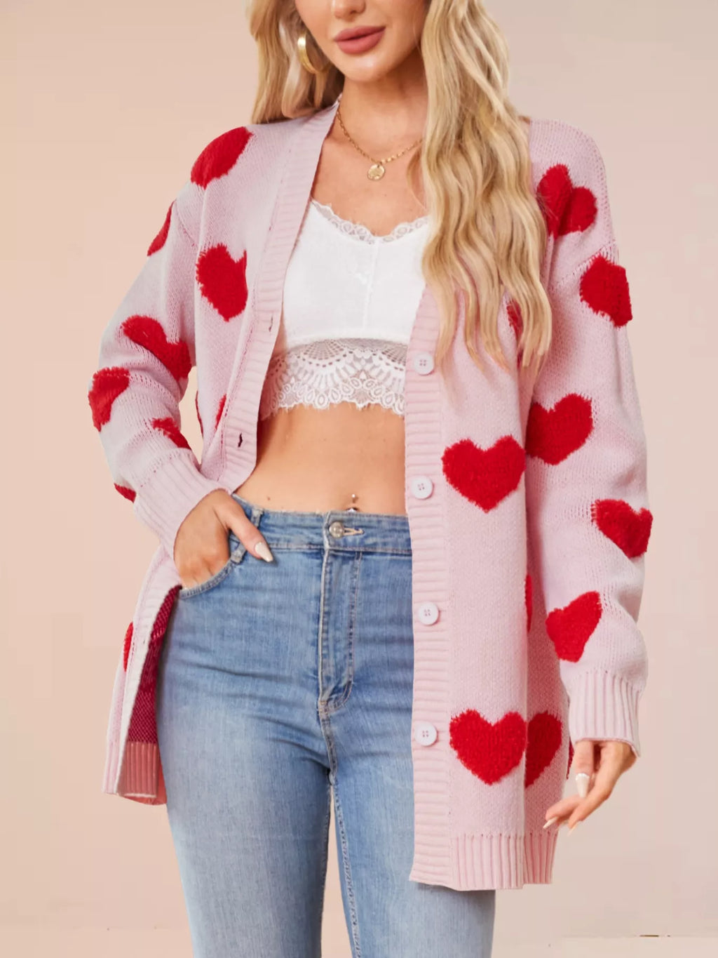 Heart Pattern Knit Button-Up Cardigan