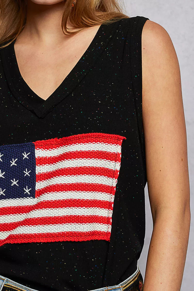 POL V-Neck Ribbed Tank with American Flag Patch and Star Back Patch