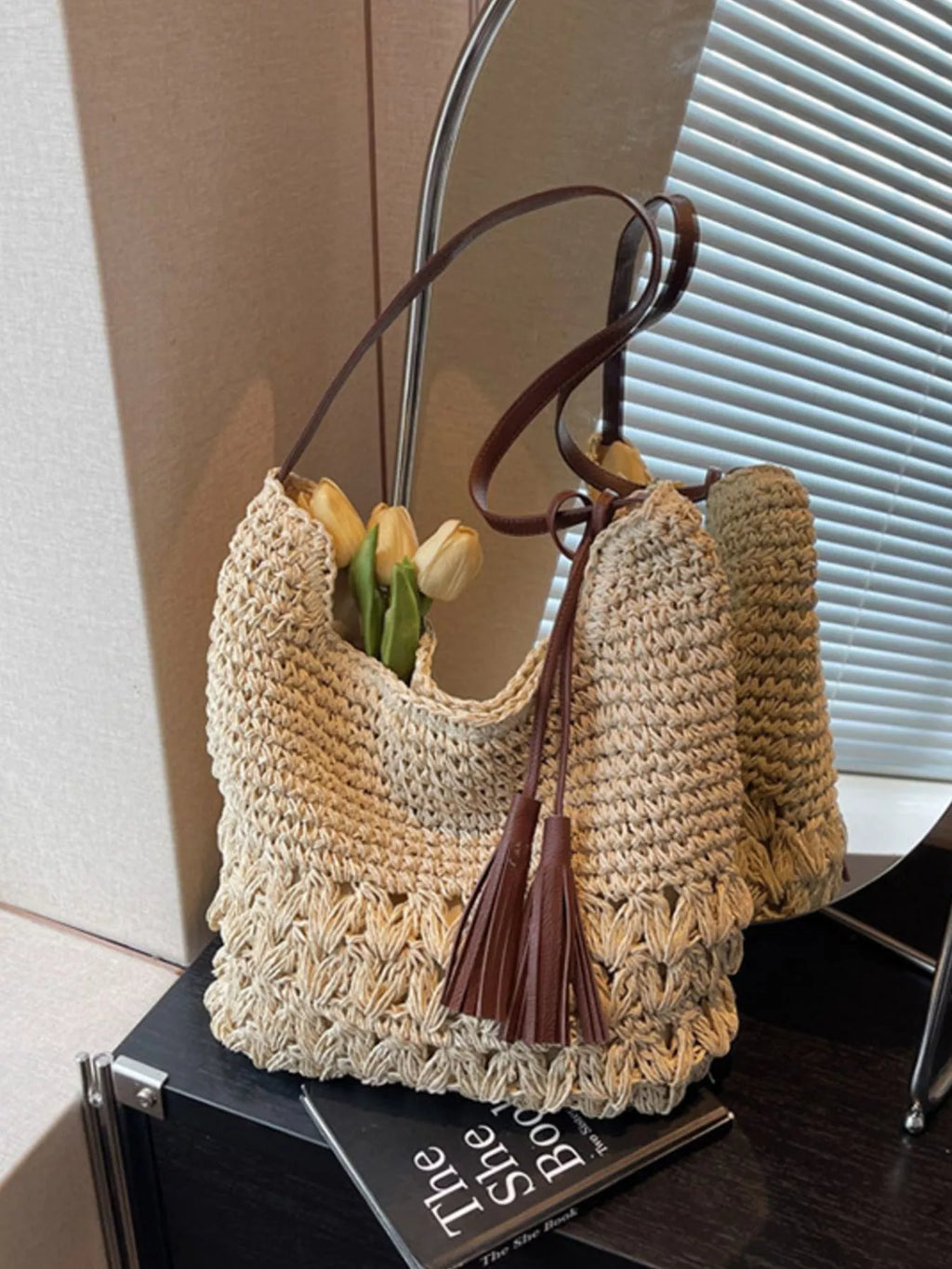 Woven Straw Shoulder Bag with Tassels
