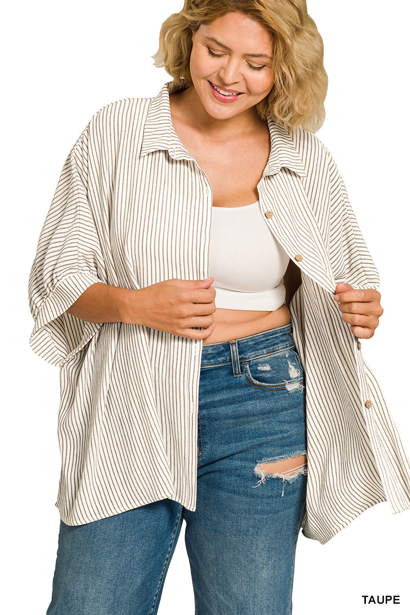 Zenana Full Size Woven Stripe Button Down Boxy Shirt Plus Size