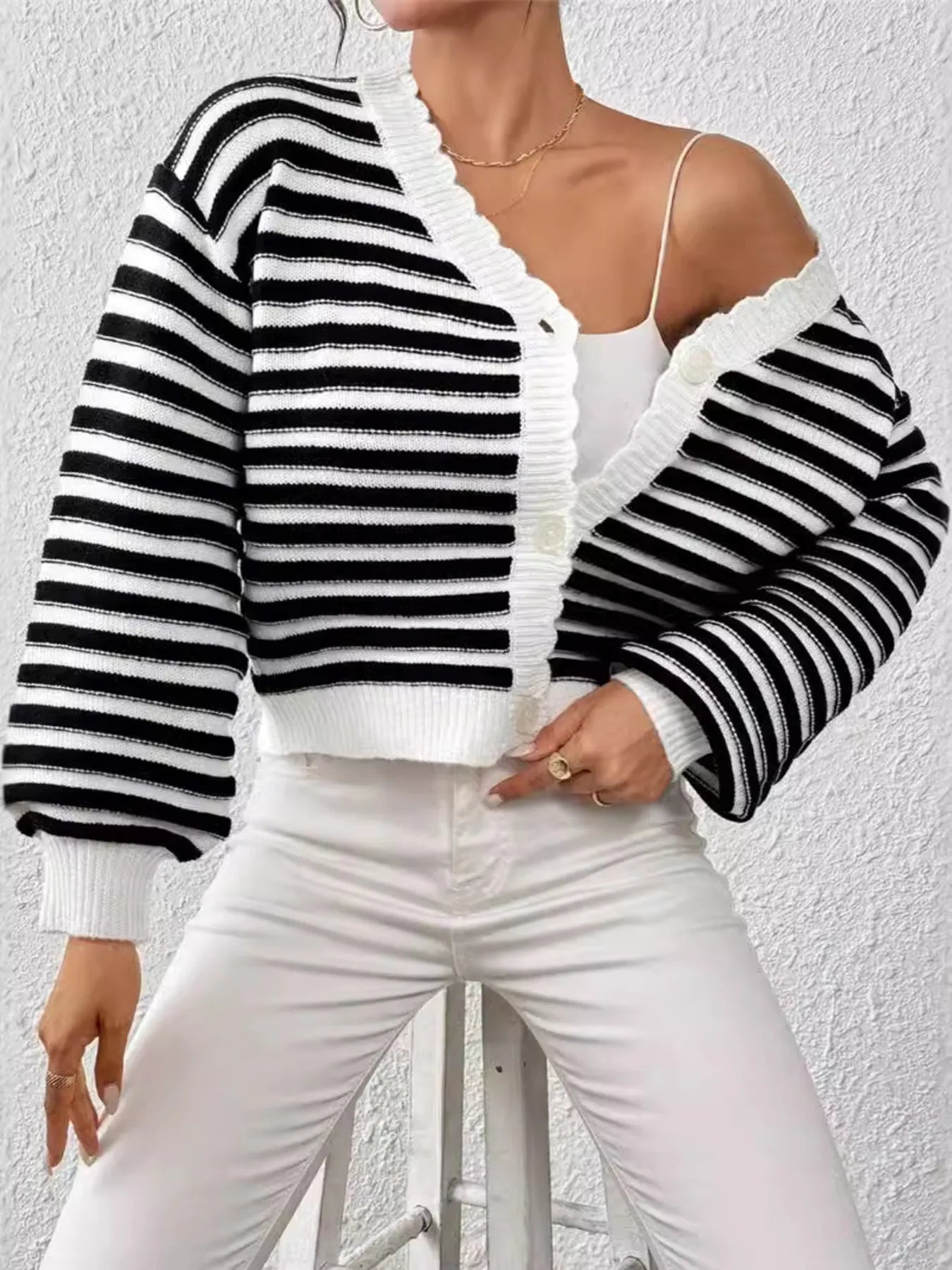 Rainbow Striped Cropped Cardigan with Balloon Sleeves