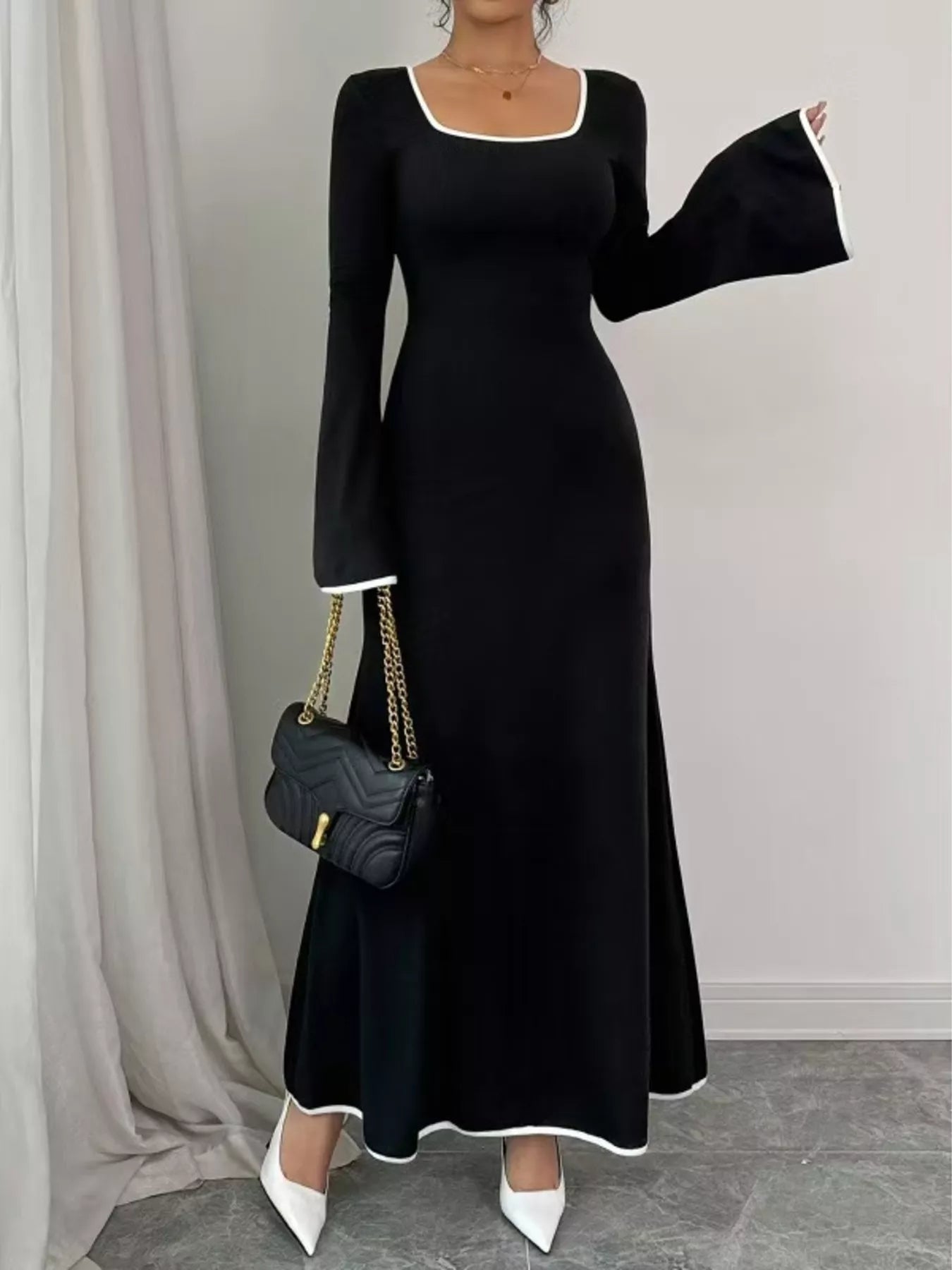 Square Neck Flare Sleeve Maxi Dress