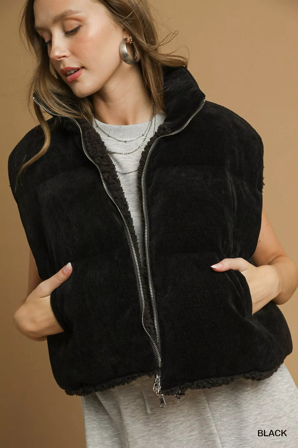 Umgee Sherpa-Lined Zip Vest with Drawstring Hem