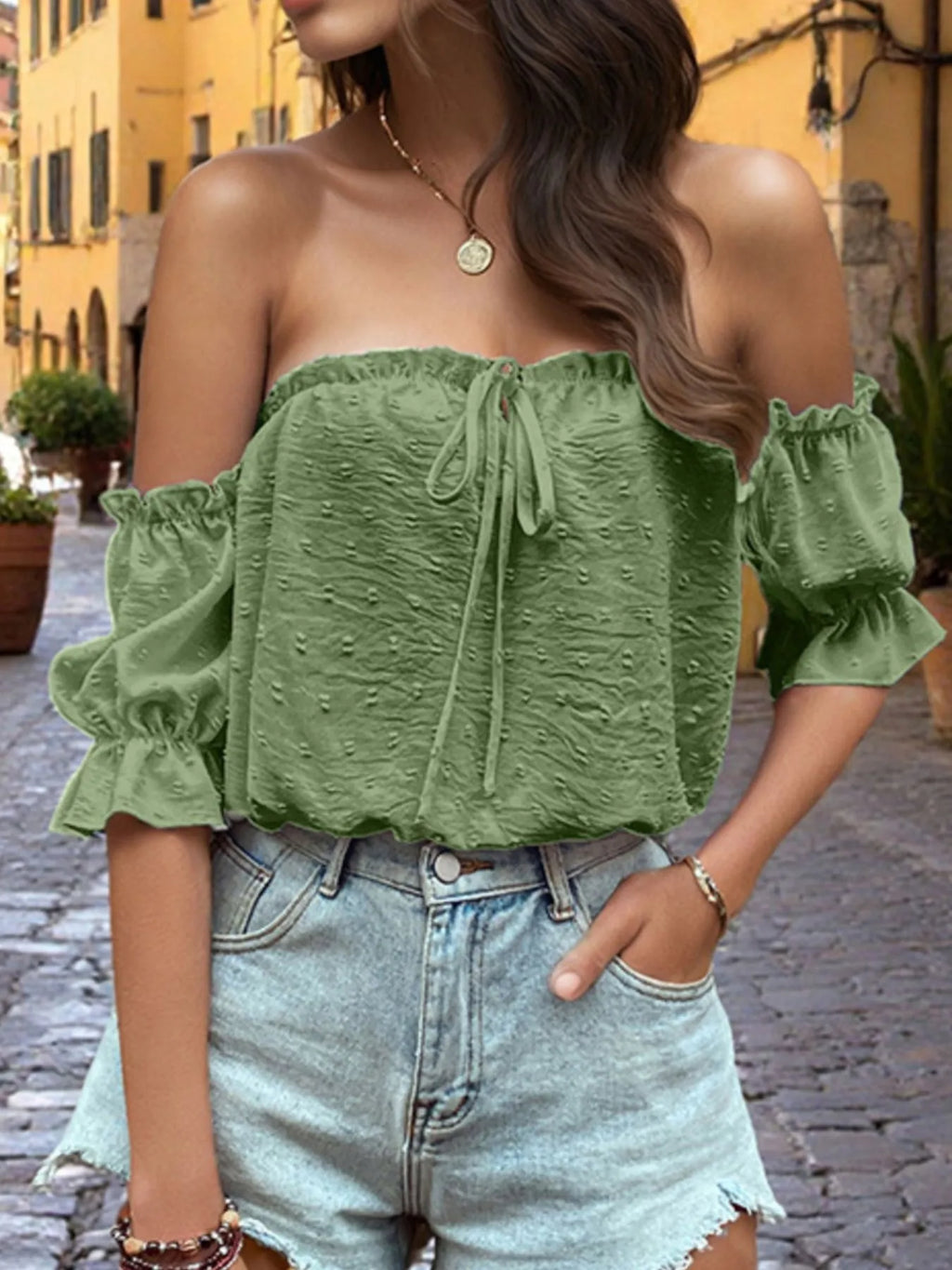 Off-Shoulder Swiss Dot Blouse with Tie Front Detail