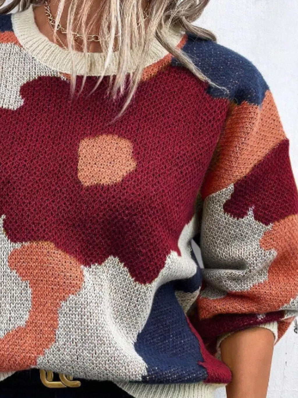 Floral Pattern Round Neck Sweater