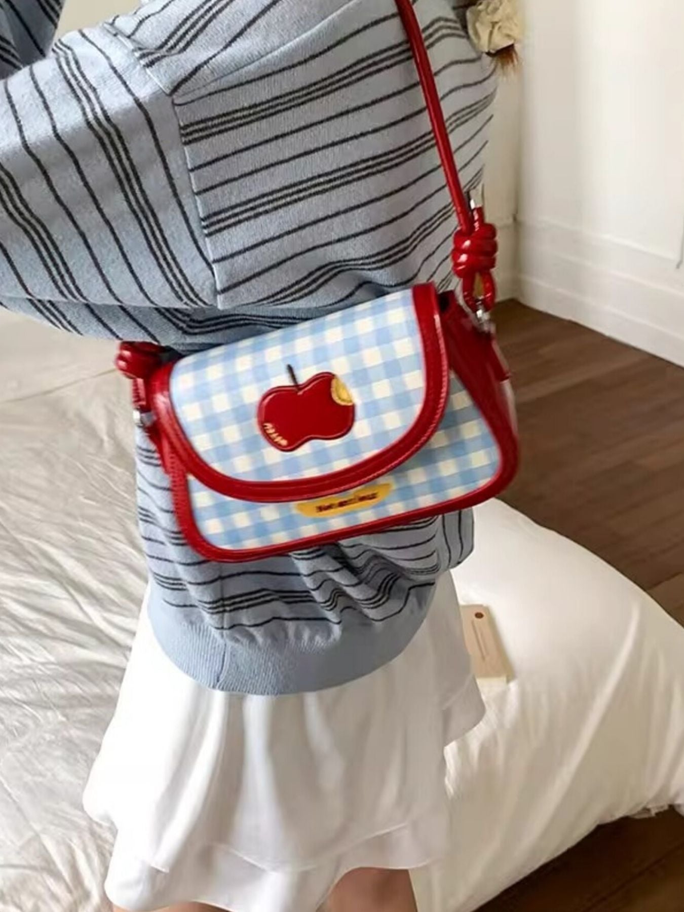 Apple Gingham Pattern Shoulder Bag