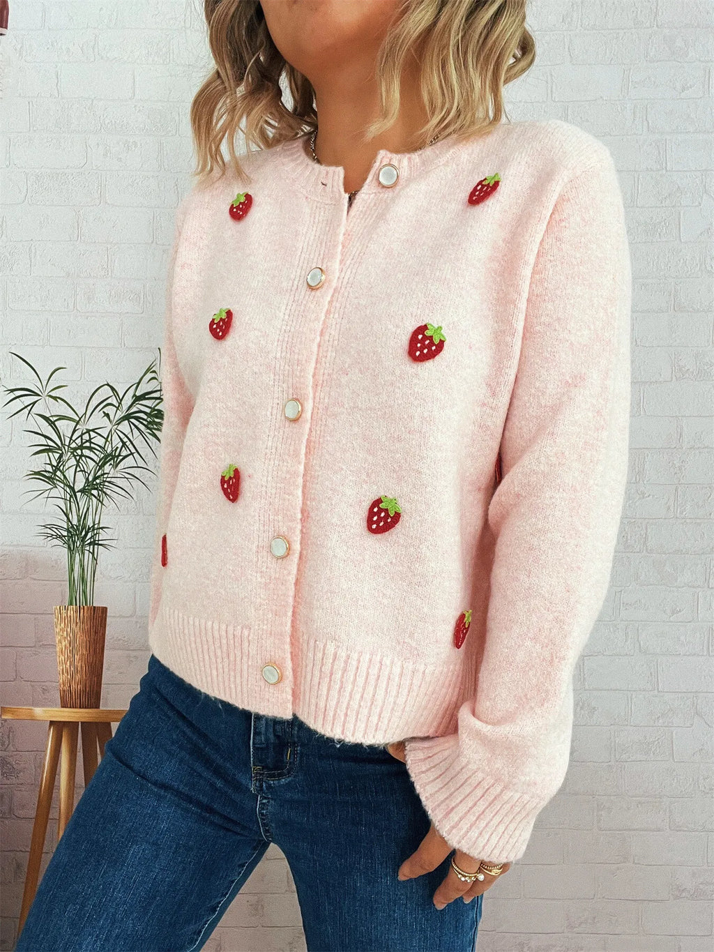 Strawberry Button Up Long Sleeve Cardigan