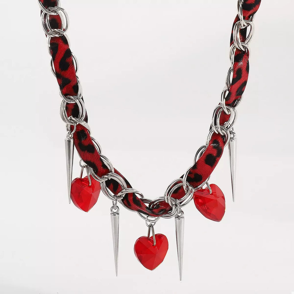 Heart Charm Choker Necklace with Metal Spikes
