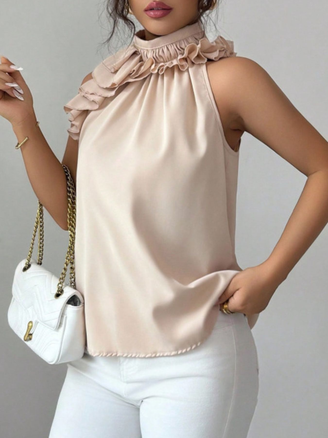 Ruffle High Neck Sleeveless Top