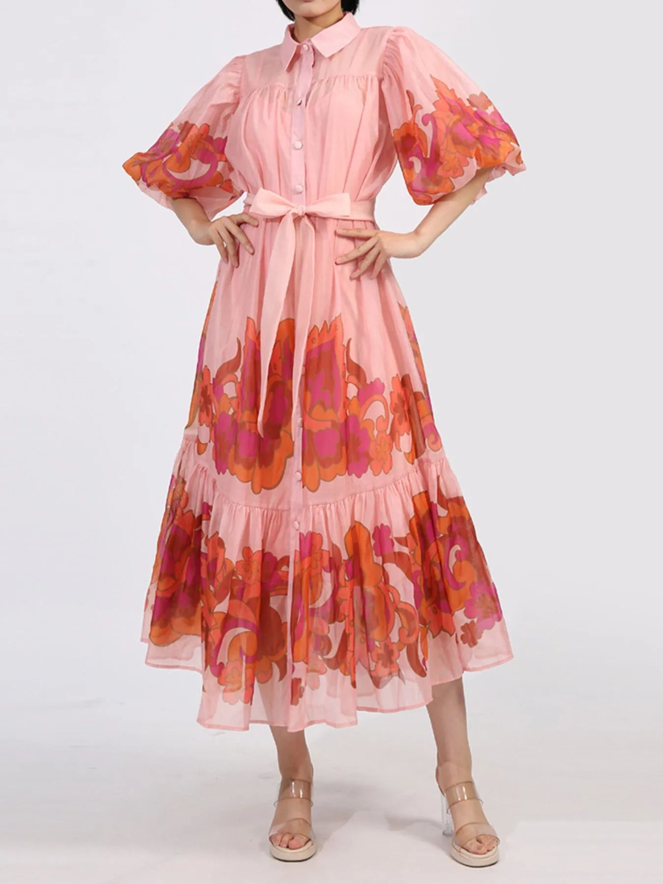 Button Front Puff Sleeve Dress