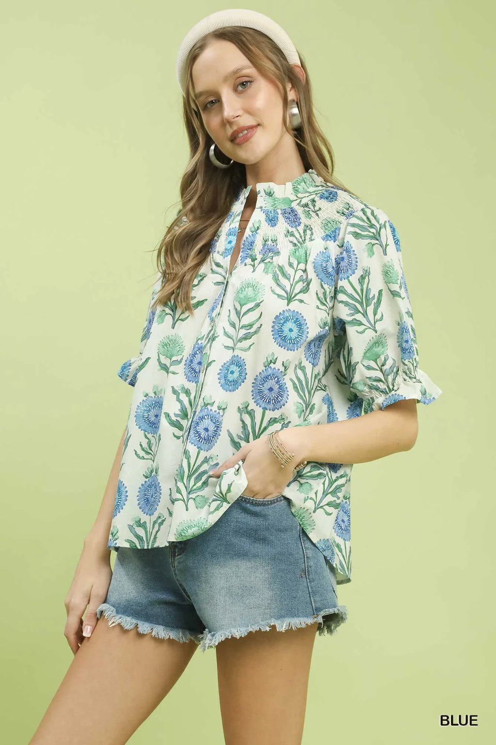 Umgee Floral Button-Front Short Sleeve Top