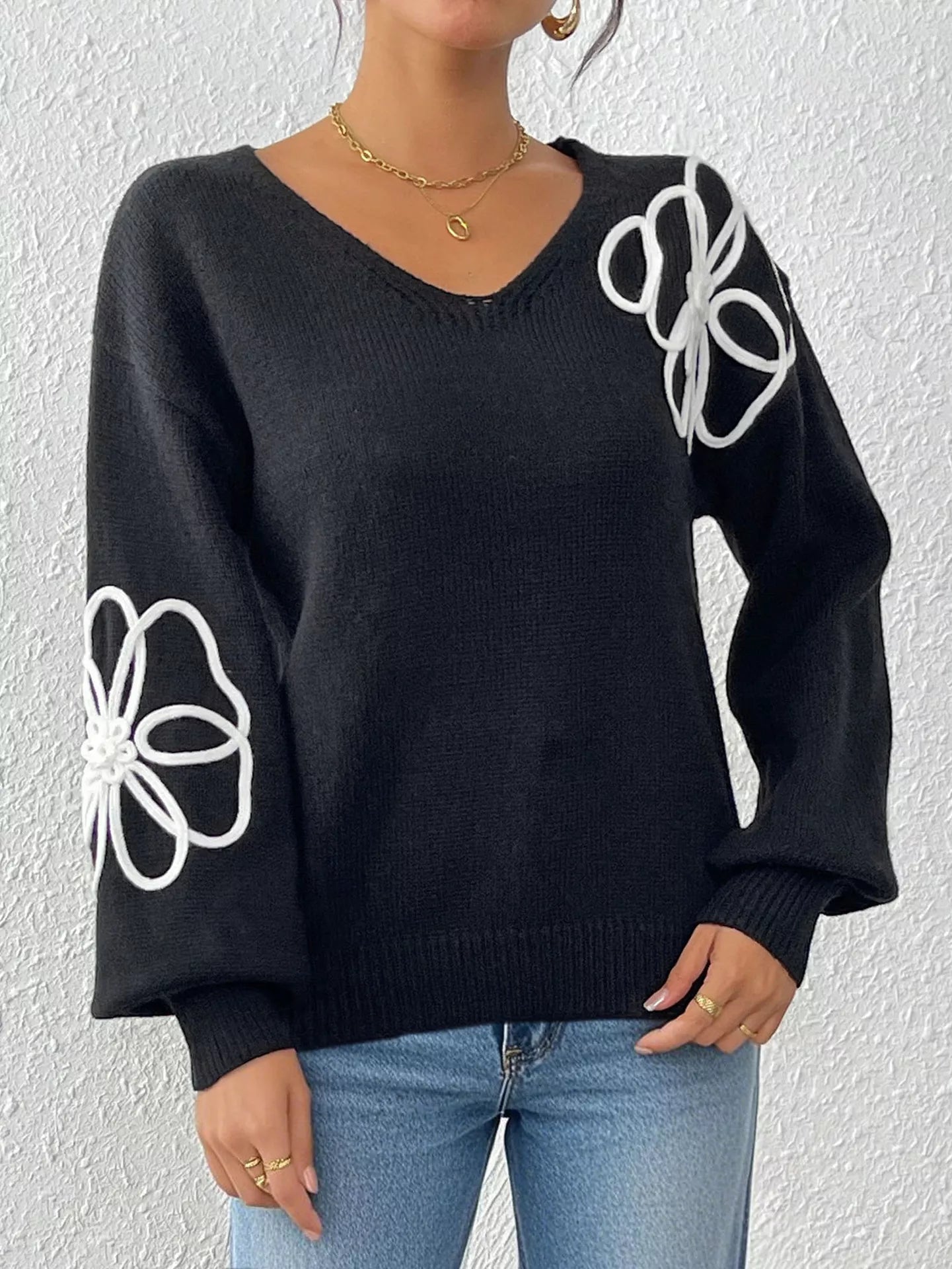 Flower V-Neck Long Sleeve Sweater
