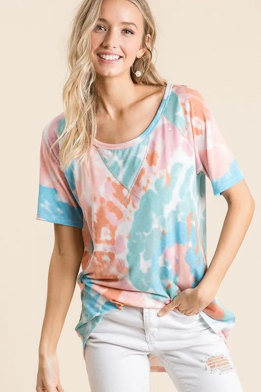 BiBi Tie Dye Print Short Sleeve T-Shirt with Raglan Sleeves