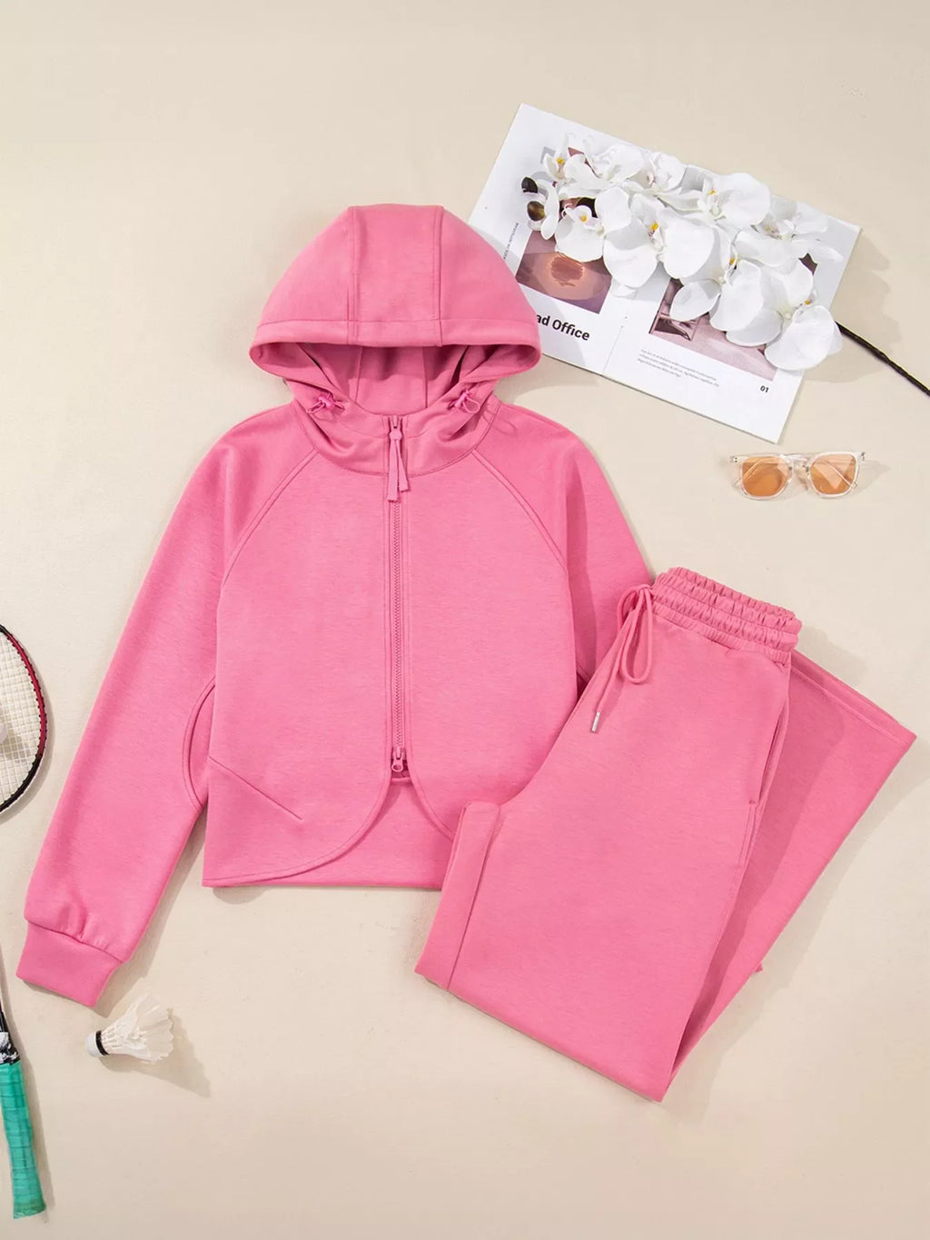 Solid Color Zip Up Hoodie Drawstring Loose Pants Set